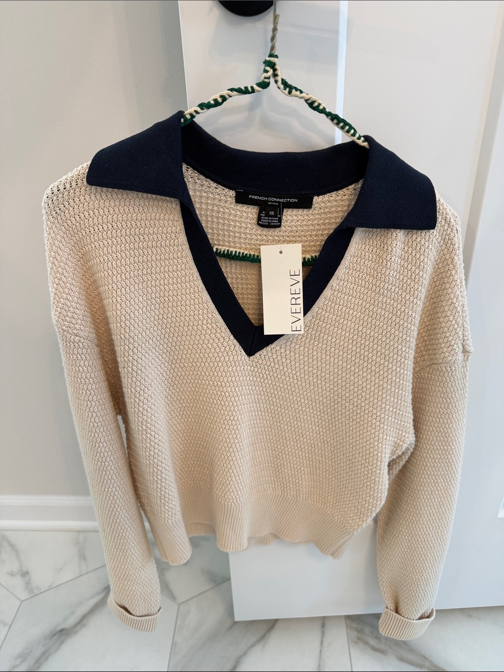 French Connection Cream Sweater with Navy V-Neck Polo Collar